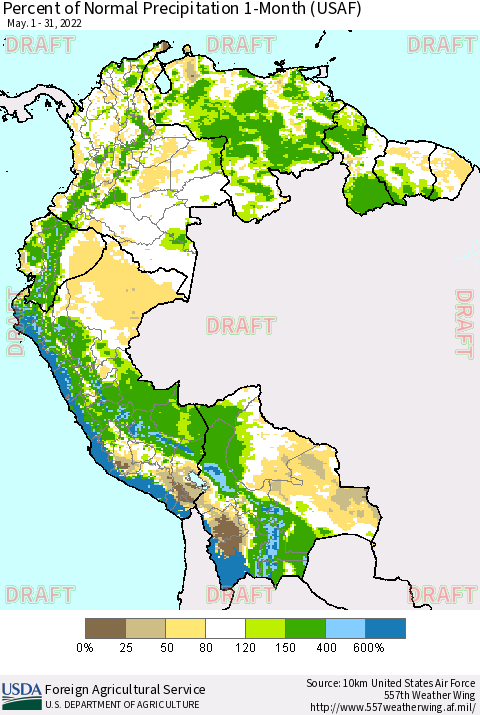 Northern South America Percent of Normal Precipitation 1-Month (USAF) Thematic Map For 5/1/2022 - 5/31/2022