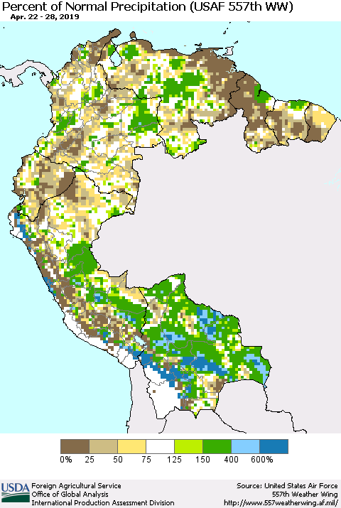 Northern South America Percent of Normal Precipitation (USAF 557th WW) Thematic Map For 4/22/2019 - 4/28/2019
