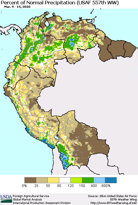 Northern South America Percent of Normal Precipitation (USAF 557th WW) Thematic Map For 3/9/2020 - 3/15/2020