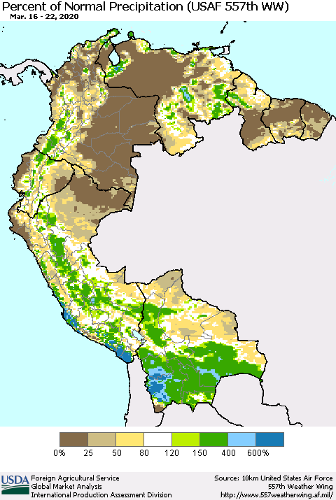 Northern South America Percent of Normal Precipitation (USAF 557th WW) Thematic Map For 3/16/2020 - 3/22/2020