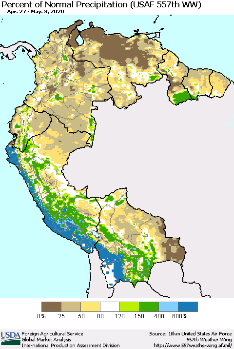 Northern South America Percent of Normal Precipitation (USAF 557th WW) Thematic Map For 4/27/2020 - 5/3/2020