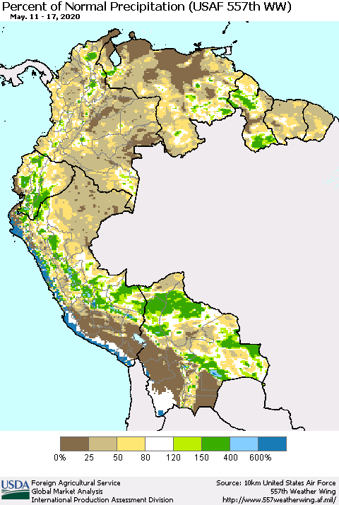 Northern South America Percent of Normal Precipitation (USAF 557th WW) Thematic Map For 5/11/2020 - 5/17/2020
