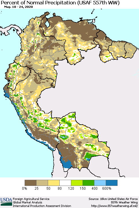 Northern South America Percent of Normal Precipitation (USAF 557th WW) Thematic Map For 5/18/2020 - 5/24/2020