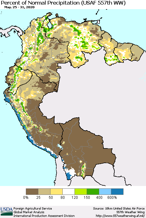 Northern South America Percent of Normal Precipitation (USAF 557th WW) Thematic Map For 5/25/2020 - 5/31/2020