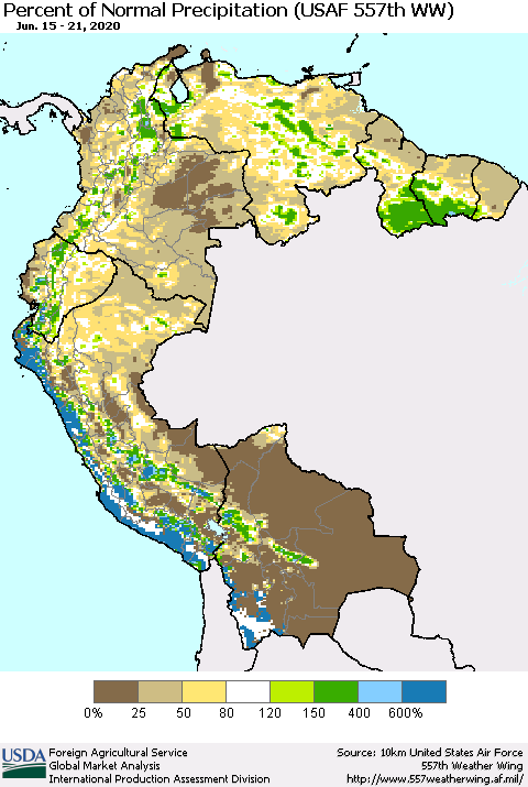 Northern South America Percent of Normal Precipitation (USAF 557th WW) Thematic Map For 6/15/2020 - 6/21/2020