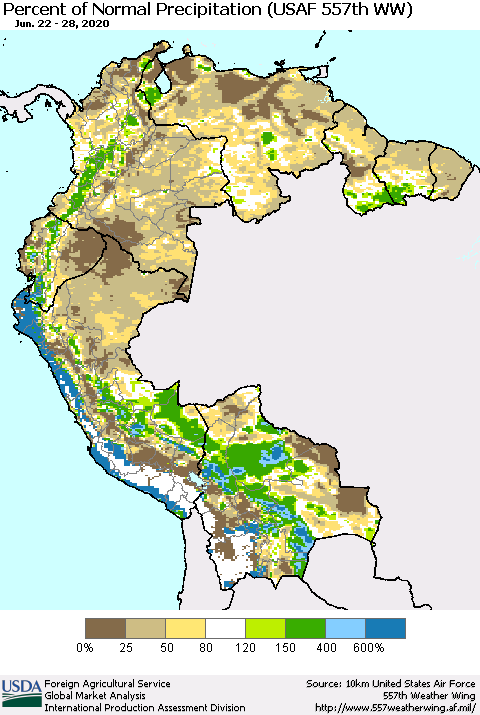 Northern South America Percent of Normal Precipitation (USAF 557th WW) Thematic Map For 6/22/2020 - 6/28/2020