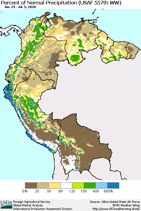 Northern South America Percent of Normal Precipitation (USAF 557th WW) Thematic Map For 6/29/2020 - 7/5/2020