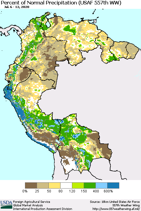 Northern South America Percent of Normal Precipitation (USAF 557th WW) Thematic Map For 7/6/2020 - 7/12/2020