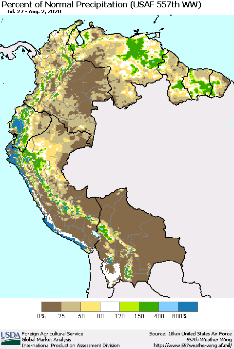 Northern South America Percent of Normal Precipitation (USAF 557th WW) Thematic Map For 7/27/2020 - 8/2/2020
