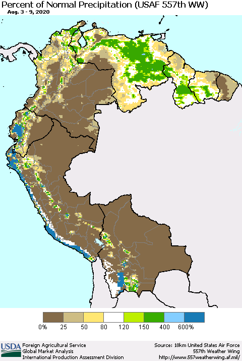 Northern South America Percent of Normal Precipitation (USAF 557th WW) Thematic Map For 8/3/2020 - 8/9/2020