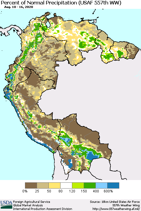 Northern South America Percent of Normal Precipitation (USAF 557th WW) Thematic Map For 8/10/2020 - 8/16/2020
