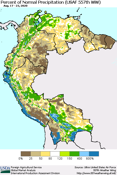 Northern South America Percent of Normal Precipitation (USAF 557th WW) Thematic Map For 8/17/2020 - 8/23/2020