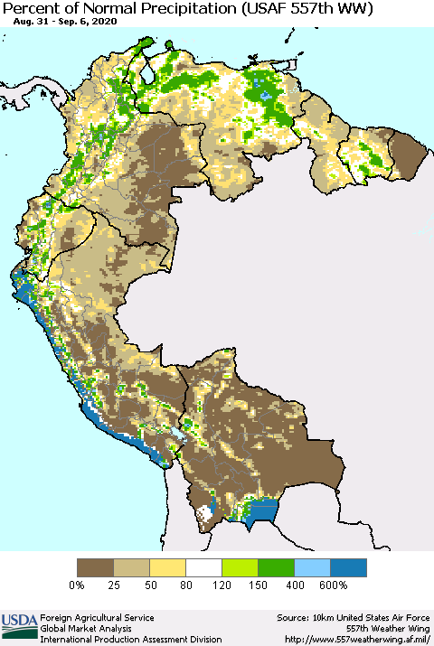 Northern South America Percent of Normal Precipitation (USAF 557th WW) Thematic Map For 8/31/2020 - 9/6/2020