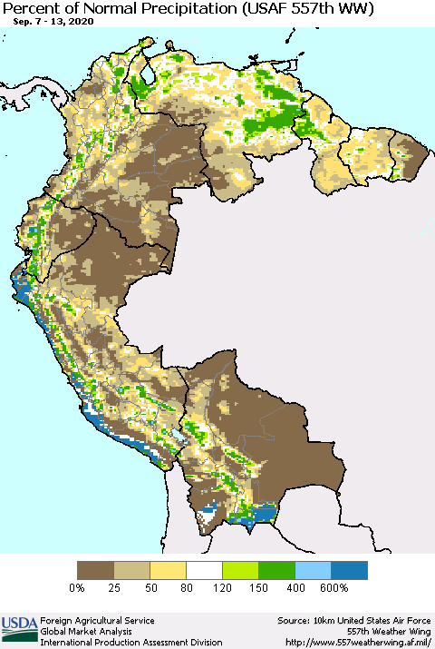 Northern South America Percent of Normal Precipitation (USAF 557th WW) Thematic Map For 9/7/2020 - 9/13/2020