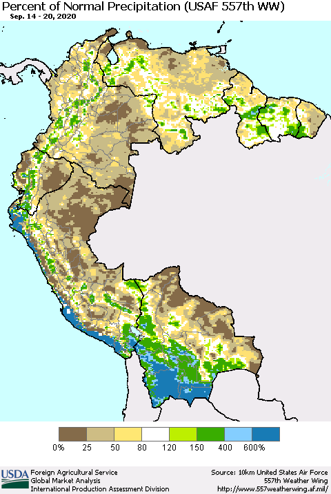 Northern South America Percent of Normal Precipitation (USAF 557th WW) Thematic Map For 9/14/2020 - 9/20/2020