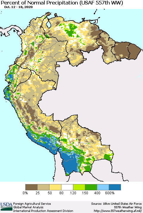 Northern South America Percent of Normal Precipitation (USAF 557th WW) Thematic Map For 10/12/2020 - 10/18/2020