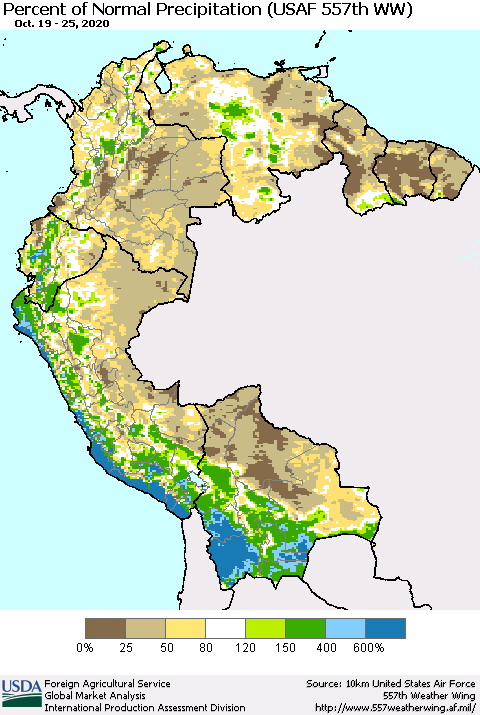 Northern South America Percent of Normal Precipitation (USAF 557th WW) Thematic Map For 10/19/2020 - 10/25/2020