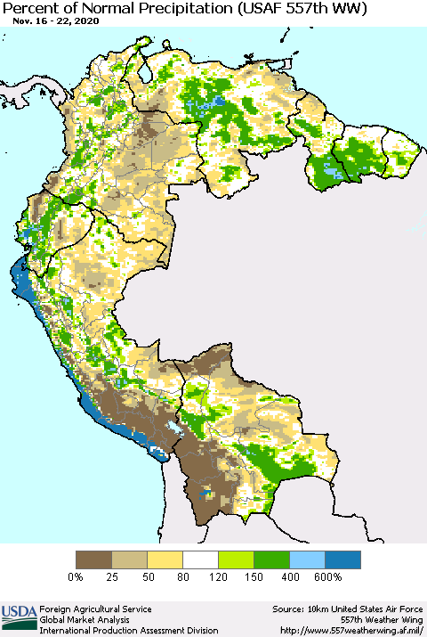 Northern South America Percent of Normal Precipitation (USAF 557th WW) Thematic Map For 11/16/2020 - 11/22/2020