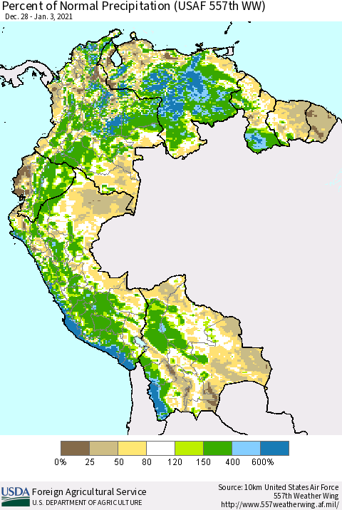 Northern South America Percent of Normal Precipitation (USAF 557th WW) Thematic Map For 12/28/2020 - 1/3/2021