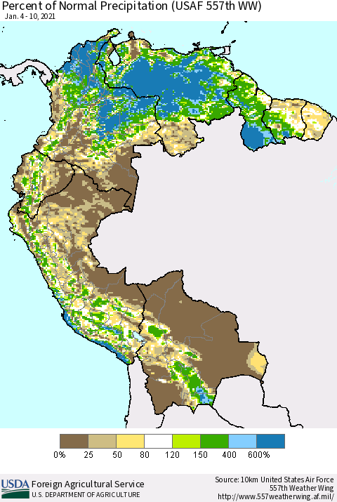 Northern South America Percent of Normal Precipitation (USAF 557th WW) Thematic Map For 1/4/2021 - 1/10/2021