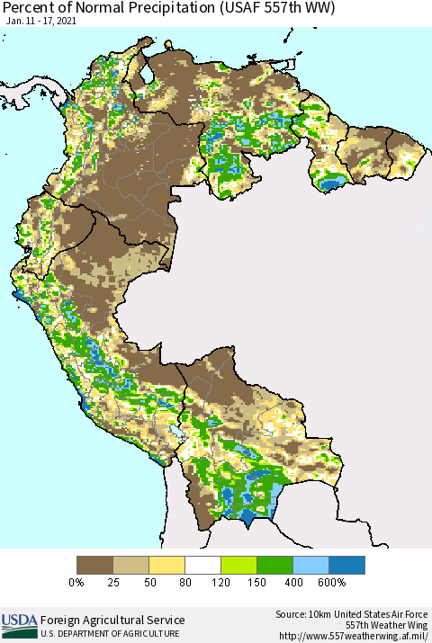 Northern South America Percent of Normal Precipitation (USAF 557th WW) Thematic Map For 1/11/2021 - 1/17/2021