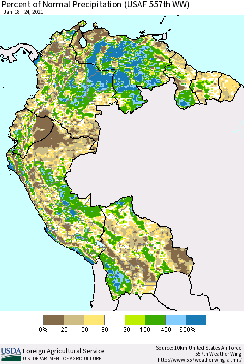 Northern South America Percent of Normal Precipitation (USAF 557th WW) Thematic Map For 1/18/2021 - 1/24/2021