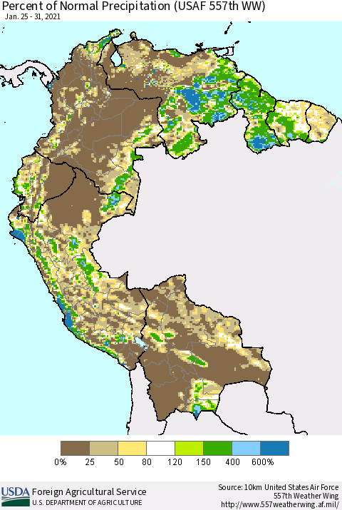 Northern South America Percent of Normal Precipitation (USAF 557th WW) Thematic Map For 1/25/2021 - 1/31/2021