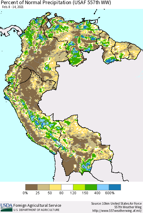 Northern South America Percent of Normal Precipitation (USAF 557th WW) Thematic Map For 2/8/2021 - 2/14/2021