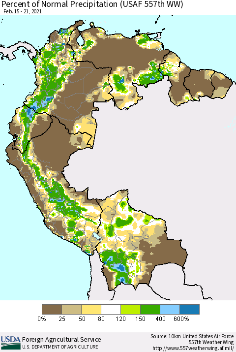 Northern South America Percent of Normal Precipitation (USAF 557th WW) Thematic Map For 2/15/2021 - 2/21/2021