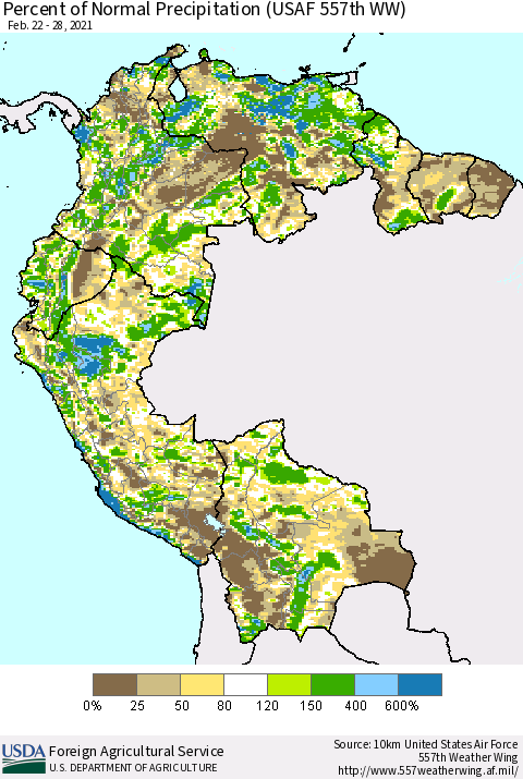 Northern South America Percent of Normal Precipitation (USAF 557th WW) Thematic Map For 2/22/2021 - 2/28/2021