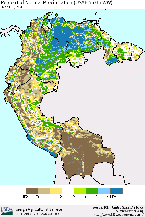 Northern South America Percent of Normal Precipitation (USAF 557th WW) Thematic Map For 3/1/2021 - 3/7/2021