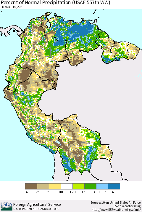 Northern South America Percent of Normal Precipitation (USAF 557th WW) Thematic Map For 3/8/2021 - 3/14/2021