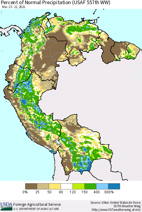 Northern South America Percent of Normal Precipitation (USAF 557th WW) Thematic Map For 3/15/2021 - 3/21/2021