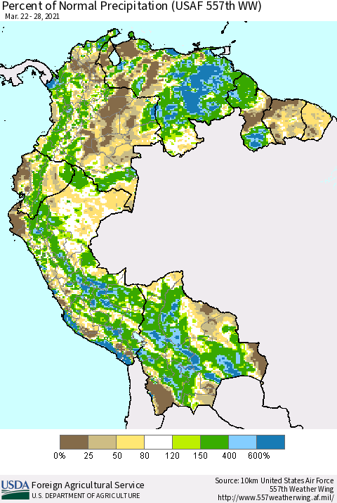 Northern South America Percent of Normal Precipitation (USAF 557th WW) Thematic Map For 3/22/2021 - 3/28/2021