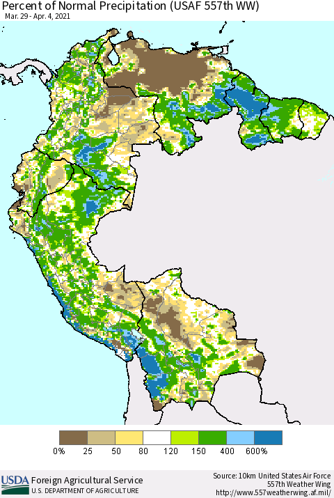Northern South America Percent of Normal Precipitation (USAF 557th WW) Thematic Map For 3/29/2021 - 4/4/2021