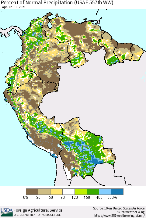 Northern South America Percent of Normal Precipitation (USAF 557th WW) Thematic Map For 4/12/2021 - 4/18/2021