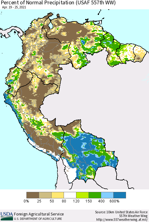Northern South America Percent of Normal Precipitation (USAF 557th WW) Thematic Map For 4/19/2021 - 4/25/2021