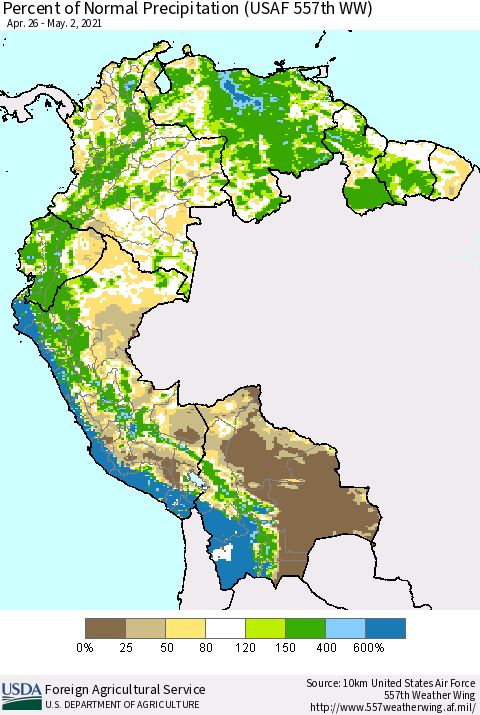 Northern South America Percent of Normal Precipitation (USAF 557th WW) Thematic Map For 4/26/2021 - 5/2/2021