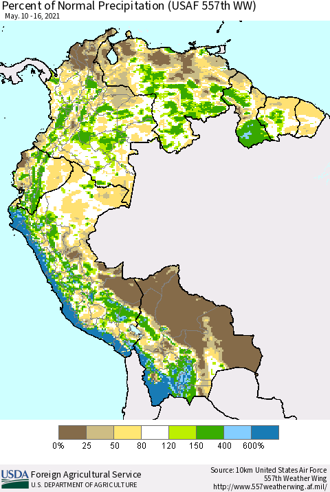 Northern South America Percent of Normal Precipitation (USAF 557th WW) Thematic Map For 5/10/2021 - 5/16/2021