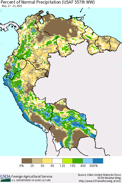 Northern South America Percent of Normal Precipitation (USAF 557th WW) Thematic Map For 5/17/2021 - 5/23/2021