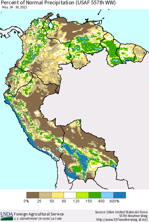 Northern South America Percent of Normal Precipitation (USAF 557th WW) Thematic Map For 5/24/2021 - 5/30/2021