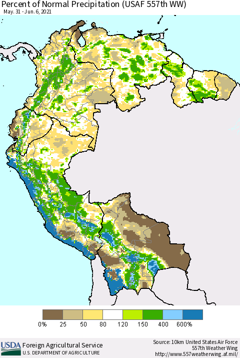 Northern South America Percent of Normal Precipitation (USAF 557th WW) Thematic Map For 5/31/2021 - 6/6/2021