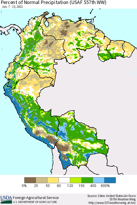 Northern South America Percent of Normal Precipitation (USAF 557th WW) Thematic Map For 6/7/2021 - 6/13/2021