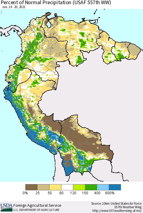 Northern South America Percent of Normal Precipitation (USAF 557th WW) Thematic Map For 6/14/2021 - 6/20/2021