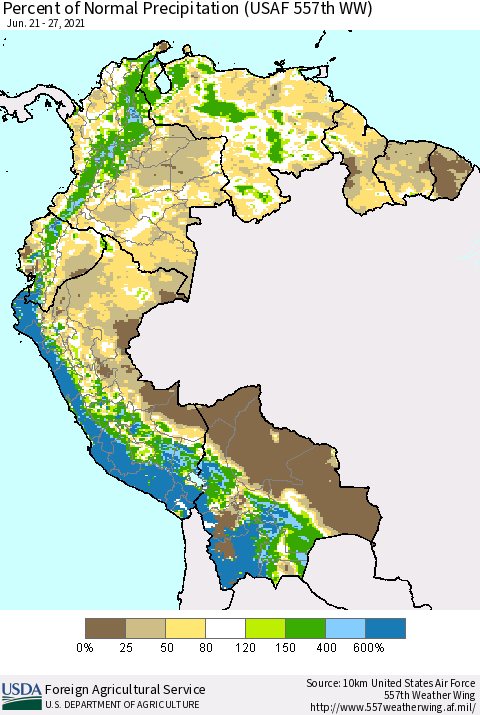Northern South America Percent of Normal Precipitation (USAF 557th WW) Thematic Map For 6/21/2021 - 6/27/2021