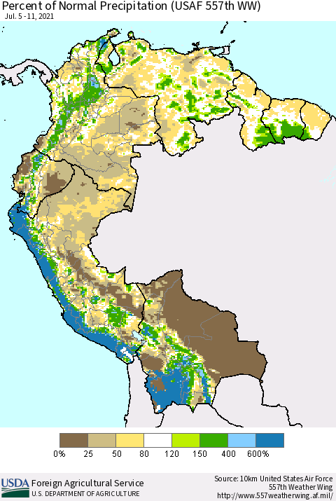 Northern South America Percent of Normal Precipitation (USAF 557th WW) Thematic Map For 7/5/2021 - 7/11/2021