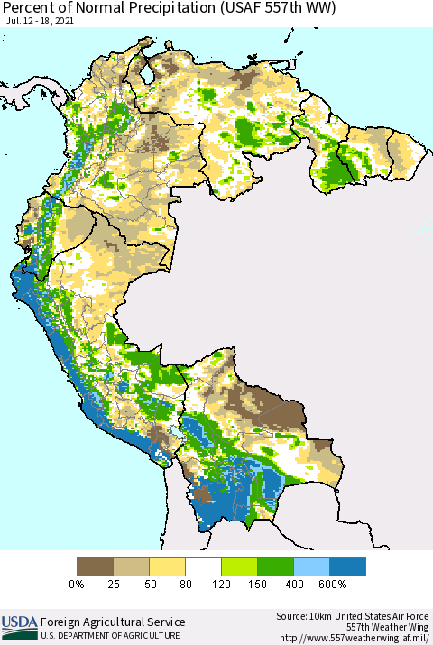 Northern South America Percent of Normal Precipitation (USAF 557th WW) Thematic Map For 7/12/2021 - 7/18/2021