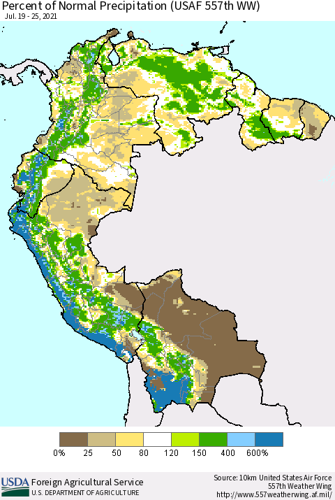 Northern South America Percent of Normal Precipitation (USAF 557th WW) Thematic Map For 7/19/2021 - 7/25/2021