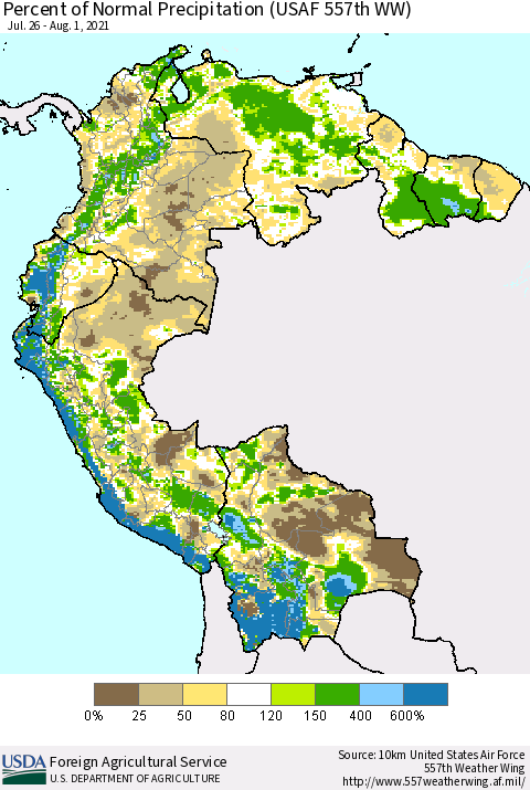 Northern South America Percent of Normal Precipitation (USAF 557th WW) Thematic Map For 7/26/2021 - 8/1/2021