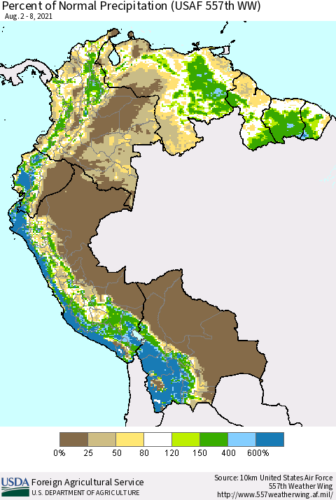 Northern South America Percent of Normal Precipitation (USAF 557th WW) Thematic Map For 8/2/2021 - 8/8/2021